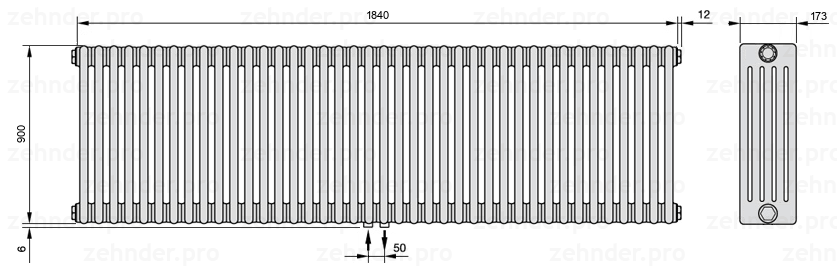 Схема (чертеж) Радиатор Zehnder Charleston 5090/40 №3470 Белый глянцевый RAL 9016